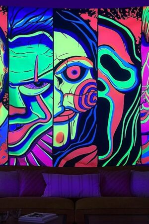 ARTCREATOR Black Light Art Halloween Wall Decor Trippy Blacklight Horror Face Tapestry, UV Reactive Tapestries Glow in The Dark Party Tapestry for Bedroom, Living Room (29" x 37")