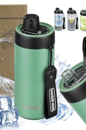 4 In 1 Beer Can Cooler Bottle Holder with Drinking Spout Lid for 12oz Regular, Slim Skinny Cans and Thermal Bottles,Sealed Insulated Double Wall Vacuum Stainless Steel Can Keeps Your Drinks Cold