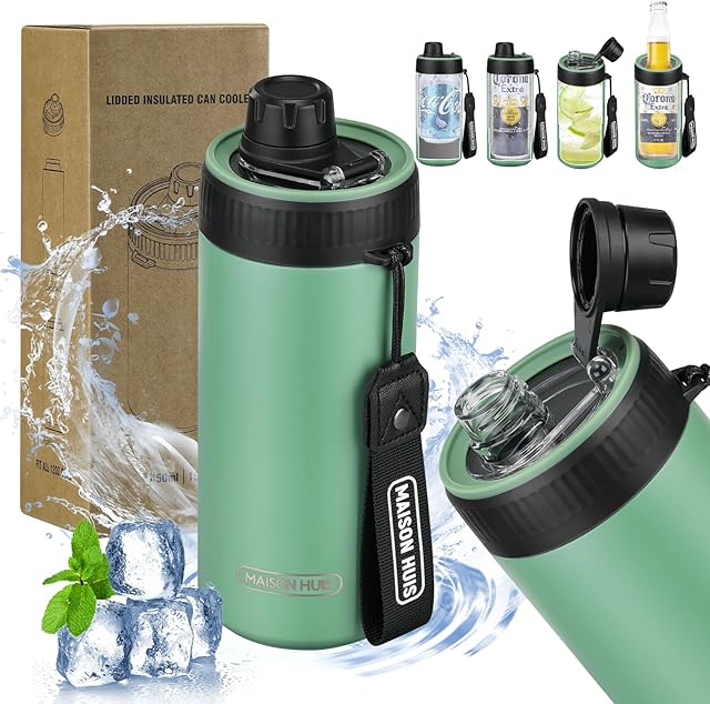 4 In 1 Beer Can Cooler Bottle Holder with Drinking Spout Lid for 12oz Regular, Slim Skinny Cans and Thermal Bottles,Sealed Insulated Double Wall Vacuum Stainless Steel Can Keeps Your Drinks Cold
