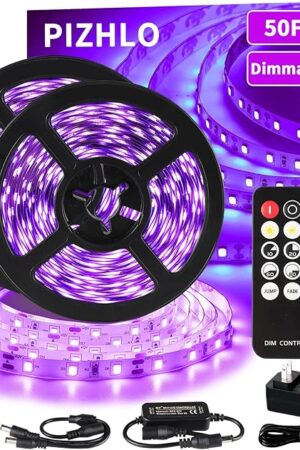 50 Foot Black Light Strips & Remote, Dimmable Flexible Blackights Strip Lights for Glow Party Body Paint Birthday Bedroom Room Fluorescent Tapestry Poster, Non-Waterproof 900 LEDs 50ft/15M