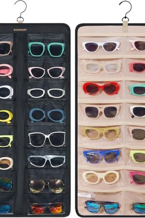 BAGSMART Hanging Jewelry Organizer, Dust Proof Sunglasses Storage Case Wall Mounted, Travel Dual Sided Glasses Case Multiple Pairs, Eyeglasses Holder with 32 Clear Slots & Metal Hook, Black