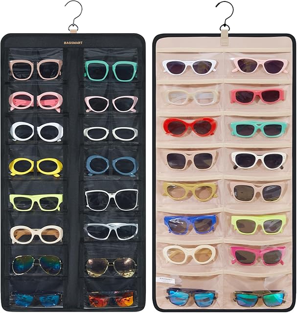 BAGSMART Hanging Jewelry Organizer, Dust Proof Sunglasses Storage Case Wall Mounted, Travel Dual Sided Glasses Case Multiple Pairs, Eyeglasses Holder with 32 Clear Slots & Metal Hook, Black