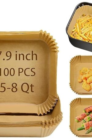 Air Fryer Liners Disposable Compatible with COSORI Air Fryer 6 Qt, 100 Pcs Unbleached Parchment Paper for 5-8 Qt 7.9 Inch Square Parchment Paper for Baking Non-Stick