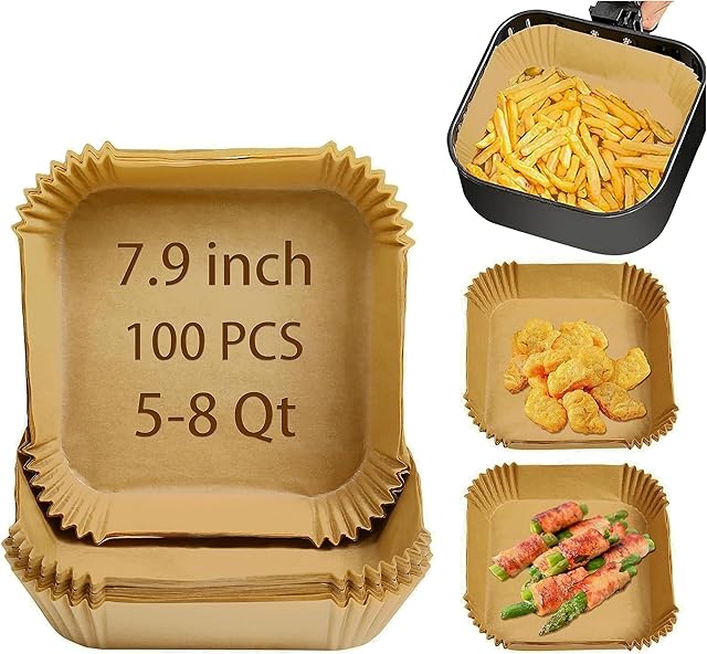 Air Fryer Liners Disposable Compatible with COSORI Air Fryer 6 Qt, 100 Pcs Unbleached Parchment Paper for 5-8 Qt 7.9 Inch Square Parchment Paper for Baking Non-Stick