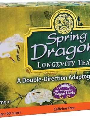 Dragon Herbs Spring Dragon Longevity Tea - Adaptogenic Gynostemma Leaf Herbal Tea Infused with Schizandra Berry, Goji Berry, Astragalus Root, Eleuthero Root, Luo Han Guo Fruit – Immune Support, Calming, Invigorating, Energy, Soothing, Digestion Support, Caffeine Free - 20 Individually Wrapped Bags, Makes 60 servings