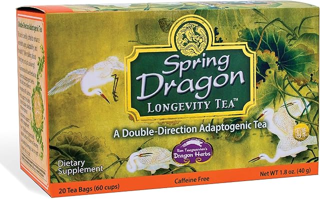 Dragon Herbs Spring Dragon Longevity Tea - Adaptogenic Gynostemma Leaf Herbal Tea Infused with Schizandra Berry, Goji Berry, Astragalus Root, Eleuthero Root, Luo Han Guo Fruit – Immune Support, Calming, Invigorating, Energy, Soothing, Digestion Support, Caffeine Free - 20 Individually Wrapped Bags, Makes 60 servings