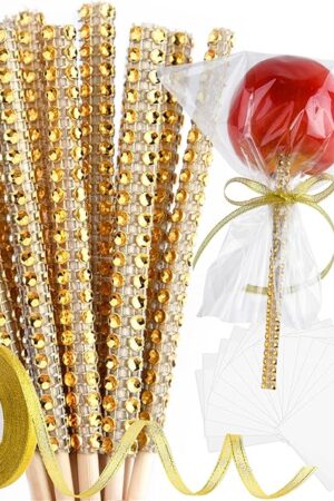 ASTARON 24 Pack Glitter Candy Apple Sticks and Bags, Toffee Apple Kit Including Caramel Apple Stick, Ribbon and Chocolate Apple Bags(Gold)