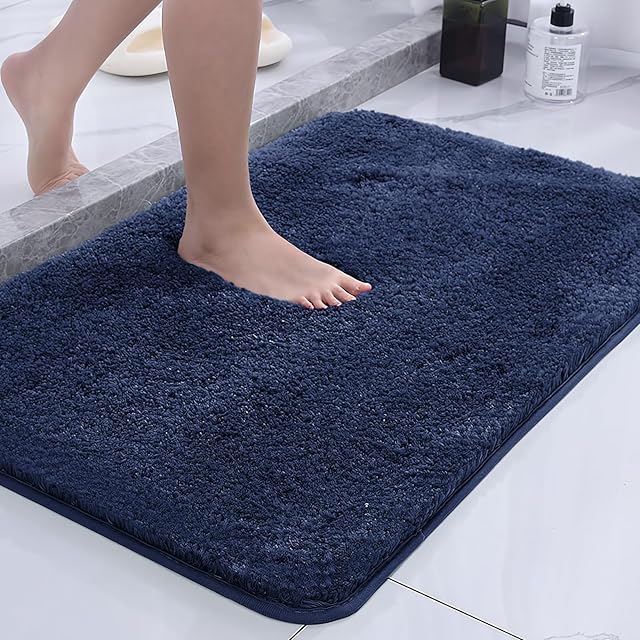 Bathroom Rug, Super Absorbent and Soft Microfiber Shaggy Bath Mat, Non-Slip Machine Washable Bath Rug-16x24, Navy Blue