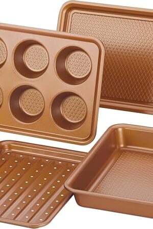 Ayesha Curry Nonstick Bakeware Toaster Oven Set with Nonstick Baking Pan, Cookie Sheet / Baking Sheet and Muffin Pan / Cupcake Pan - 4 Piece, Copper Brown