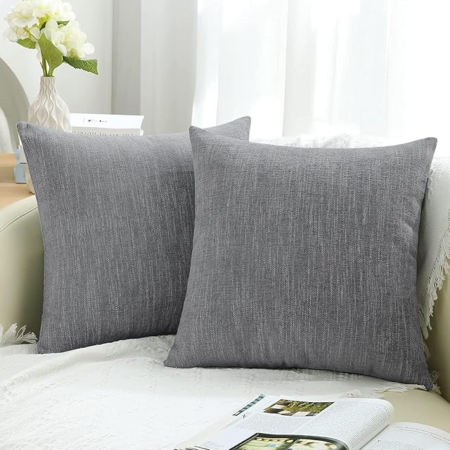 decorUhome Fall Chenille Decorative Throw Pillow Covers 18x18 Set of 2, Farmhouse Textured Square Neutral Solid Accent Pillow Covers for Couch Sofa Bed Living Room Home Decor, Grey