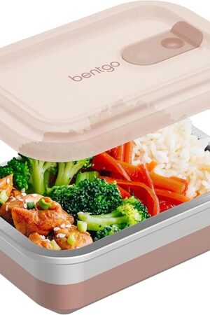 Bentgo MicroSteel Heat & Eat Container – Microwave-Safe, Leak-Proof, Easy-to-Clean, Lightweight Stainless Steel Reusable Food Storage with Airtight Silicone Lid (Snack Size; 2-Cup Capacity; Rose)