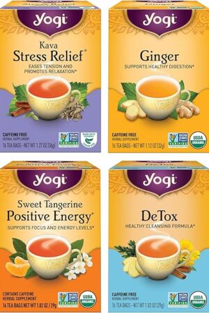 Yogi Tea Well-Being Variety Pack - 4 Packs (16 Bags per Pack) | Includes Kava Stress Relief, Ginger, Sweet Tangerine Positive Energy & DeTox | Black & Herbal Sampler | Caffeine & Caffeine Free
