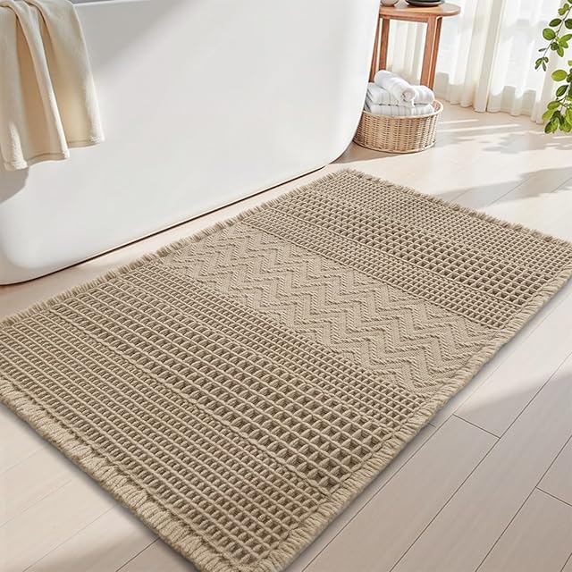 AMOAMI Waffle Bath-Mat, Super Absorbent Bath Mats for Bathroom, Boho Bathroom Rugs Non Slip Washable, Ultra Soft Bathroom-Mat with Tassels Bath Rugs for Floor Mat, 20" X 32" Brown