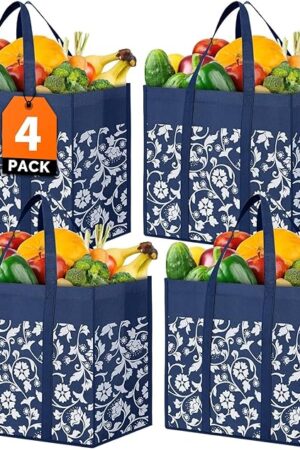 WOWBOX Reusable Grocery Bags Foldable Tote Bags Bulk with Reinforced Handles Shopping Bags for Groceries Heavy Duty Kitchen Reusable Grocery Bags with Waterproof Coating 4-Pack, Blue
