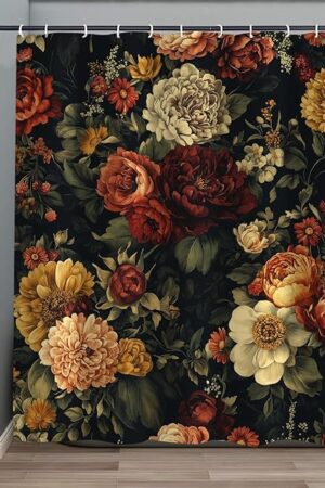 Black Floral Shower Curtain, Vintage Dark Flower Bloosom Rose Plants Bathroom Curtain, Polyester Fabric Waterproof Bath Curtain with 12 Hooks 72x72 Inch