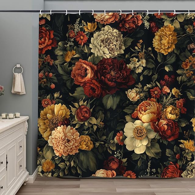 Black Floral Shower Curtain, Vintage Dark Flower Bloosom Rose Plants Bathroom Curtain, Polyester Fabric Waterproof Bath Curtain with 12 Hooks 72x72 Inch