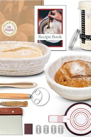 21 Pcs Sourdough Starter Kit, 10" Oval & 9" Round Banneton Bread Proofing Basket | Glass Jar, Whisk, Full Recipe Book & More, Sour Dough Starter Kit, Sourdough Bread Baking Supplies For Beginners