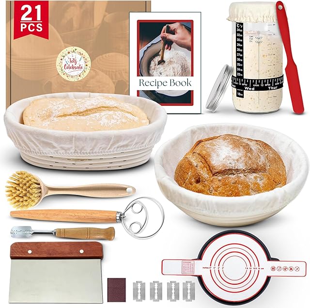 21 Pcs Sourdough Starter Kit, 10" Oval & 9" Round Banneton Bread Proofing Basket | Glass Jar, Whisk, Full Recipe Book & More, Sour Dough Starter Kit, Sourdough Bread Baking Supplies For Beginners