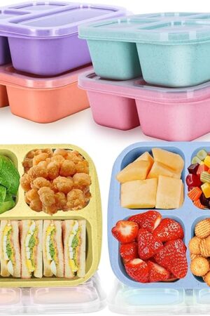 6 Pack Snack Containers - 3 & 4 Compartment Bento Box for Kids, Adult Lunchable Containers, Divided Snackle Box Container, BPA-Free Meal Food Storage for School, Work & Trave (Multicolor & Clear Lids)