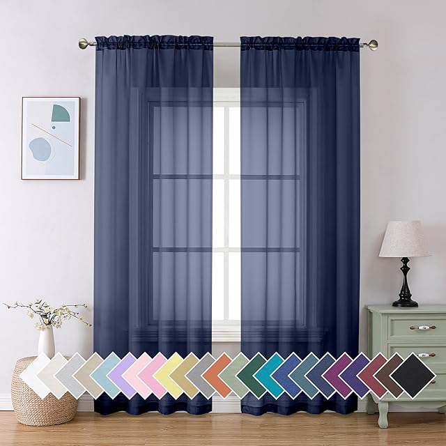 Aiyufeng Sheer Navy Blue Curtains 84 inch Length 2 Panels Set, Airy Soft-Touching Rod Pocket Voile Drapes for Living Room/Bedroom, Each 40W x 84L