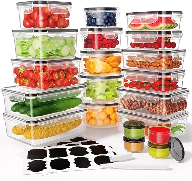 40 PCS Food Storage Containers with Lids Airtight (20 Containers & 20 Lids), Leak proof Meal Prep Container Set for Kitchen Storage, BPA-free, PVC-free Plastic, Microwave/Dishwasher Safe, Labels & Pen