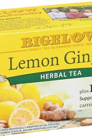 Bigelow Lemon Ginger Herbal Tea with Probiotics, Pack of 6 | Caffeine Free | With Probiotics | 18 Count Box | 108 Total Tea Bags