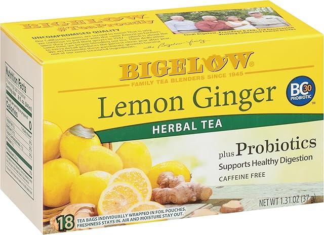 Bigelow Lemon Ginger Herbal Tea with Probiotics, Pack of 6 | Caffeine Free | With Probiotics | 18 Count Box | 108 Total Tea Bags