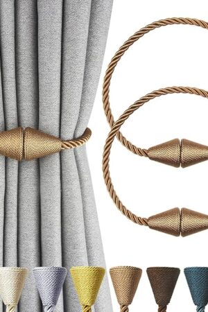 2 Pack Magnetic Curtain Tiebacks Rope Modern Handmade Curtain Tie Backs Decorative Drapes Weave Holdbacks for Window Décor, Khaki