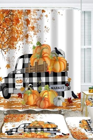 Yizheer Fall Thanksgiving Day 4Pcs Autumn Maple Pumpkin Shower Curtain Sets with Non-Slip Rugs, Toilet Lid Cover and Bath Mat, Haunted House Waterproof Shower Curtains Bathroom Decor Set Fall Decor