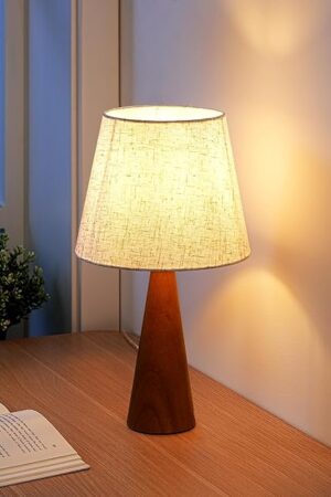 EDISHINE 13.58" Small Table Lamp, Wooden Bedside Lamp with Beige Linen Lampshade, Space-Saving Nightstand Lamp for Nursery Kids Room Bedroom Living Room, E26, ON-Off Button, Dark Rosewood Base