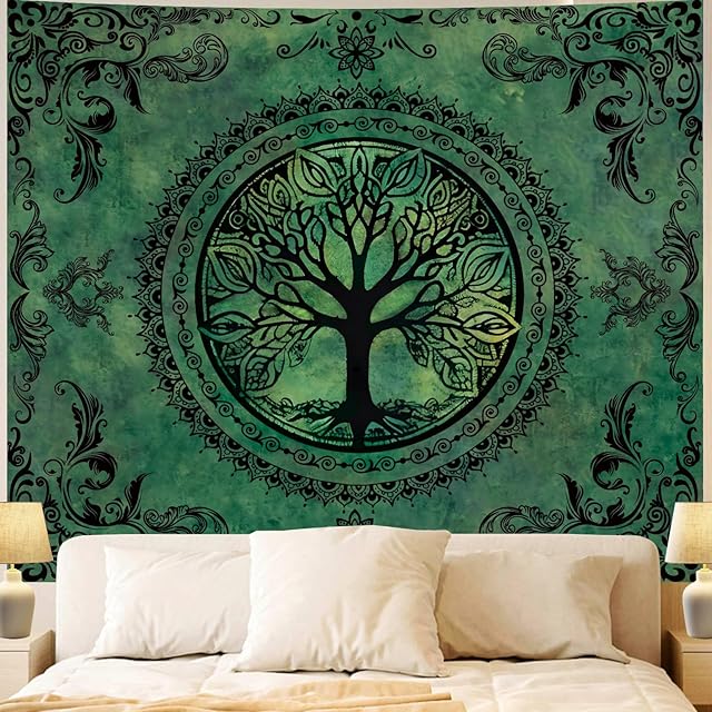 Apdidl Green Nature Tapestry for Bedroom Aesthetic, Hippie Ceiling Tree of Life Decor Tapestries Wall Hanging, Boho Bohemian Mandala y2k Art Backdrop for Dorm Living Room (51"X60")