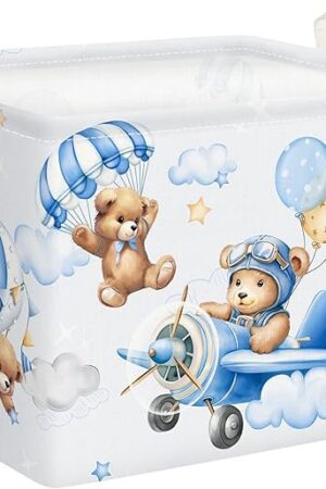 Clastyle 36L Large Blue Bear Pilot Hot Air Balloon Shelf Basket with Handle Collapsible Rectangle Toy Clothes Storage Basket for Kid Room Nursery, 40*30*30 cm, CTS0238B