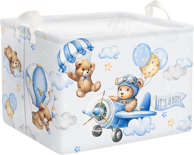 Clastyle 36L Large Blue Bear Pilot Hot Air Balloon Shelf Basket with Handle Collapsible Rectangle Toy Clothes Storage Basket for Kid Room Nursery, 40*30*30 cm, CTS0238B