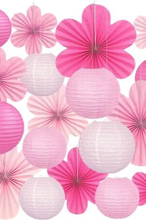 18 Pcs Pink Party Decoration Set, Hanging Pink Paper Lanterns Paper Flowers Fans for Girls Women Birthday Wall Baby Shower Wedding