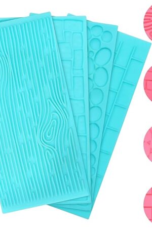 4 Pack Plastic Embossing Fondant Icing Chocolate Cake Set - Brick, Wood, Cobble and Pebble Stone Designs - Blue 3D Decorating Embossed Mould Set For Sugar Candy, Decor, Jelly & DIY Baking