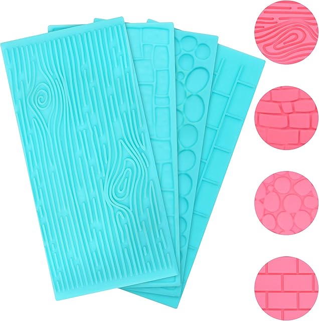 4 Pack Plastic Embossing Fondant Icing Chocolate Cake Set - Brick, Wood, Cobble and Pebble Stone Designs - Blue 3D Decorating Embossed Mould Set For Sugar Candy, Decor, Jelly & DIY Baking