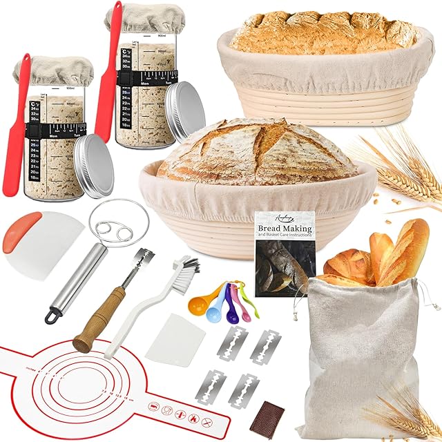 22Pack Sourdough Bread Baking Supplies,35oz Sourdough Starter kit with Jar and 9 Inch Round & 10 Inch Oval Banneton Bread Proofing Basket,Sourdough Kit Gifts for Bakers Women Wife Mom