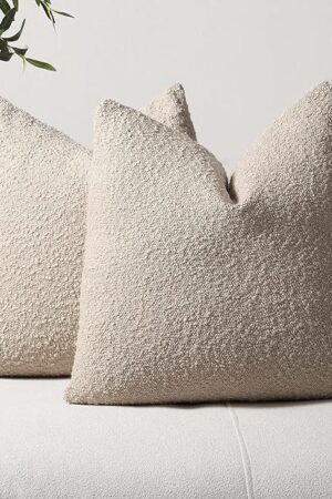 DEZENE Textured Boucle Throw Pillow Covers 18x18 Neutral for Bed Couch Sofa Living Room, Pack of 2 Square Soft Accent Decorative Pillow Cases (Covers ONLY)
