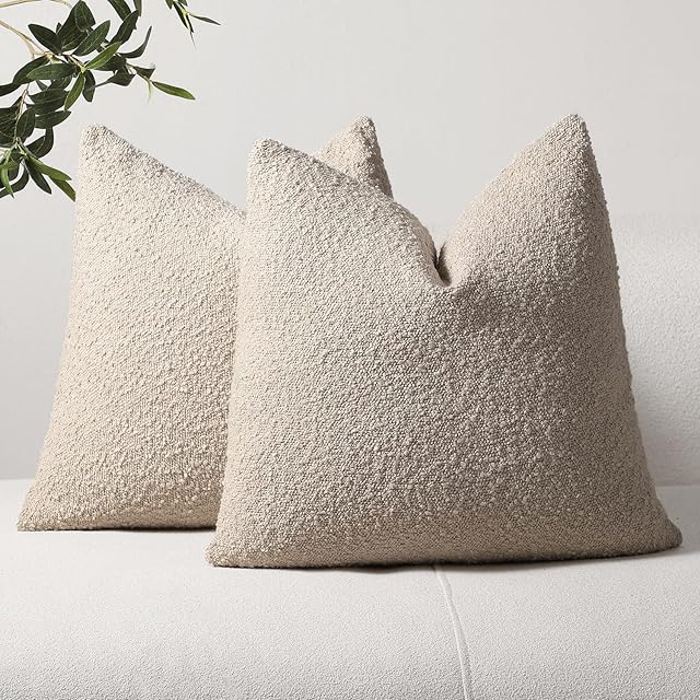 DEZENE Textured Boucle Throw Pillow Covers 18x18 Neutral for Bed Couch Sofa Living Room, Pack of 2 Square Soft Accent Decorative Pillow Cases (Covers ONLY)
