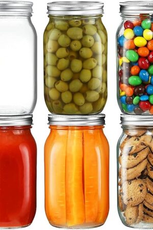 YEBODA 6 Pack Wide Mouth Mason Jars 32oz Glass Canning Jars with Airtight Lids and Bands for Preserving, Jam, Honey, Jelly, Wedding Favors, Sauces, Meal Prep, Overnight Oats, Salad, Yogurt