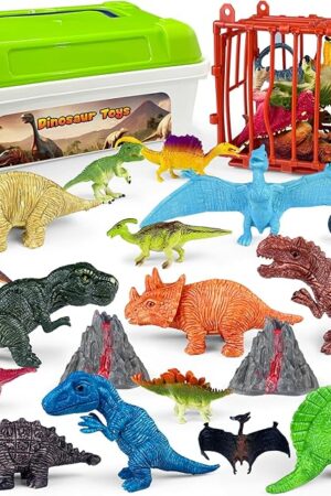 The Plastic Dinosaur Figures Set with Storage Box Includes 19Pcs Dinosaurs Figures are Equipped with Cages and Volcanic Landscapes Gifts Suitable for Boys and Girls