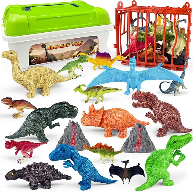 The Plastic Dinosaur Figures Set with Storage Box Includes 19Pcs Dinosaurs Figures are Equipped with Cages and Volcanic Landscapes Gifts Suitable for Boys and Girls