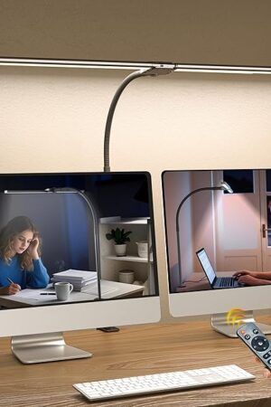 Desk Lamp Home Office,15W Dual Screen Monitor Light with Clamp,Adjustable Gooseneck Computer Light with Stepless Color Temp and Dimming for Architect Work (Black)