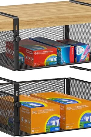 2Pack Under Shelf Basket Organizer,Adjustable Hanging Holder for Cabinet Pantry Kitchen Cupboard Desk Counter Bookshelf Organization Add-on Space Saver Heavy Duty Slide-in (Black, Large)