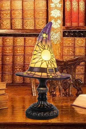 Vintage Gothic Witch Hat Night Light – Stained Glass LED Lamp, Spooky Halloween Decor, Indoor & Outdoor Witchcraft Gift, Unique Halloween Party Decorations Lighting, Halloween Witch Hat Lamp Purple