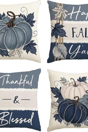AVOIN colorlife Happy Fall Y'all Blue Pumpkin Stripes Pillow Covers, 18 x 18 Inch Thankful Blessed Seasonal Thanksgiving Harvest Cushion Case Decoration for Sofa Couch Set of 4