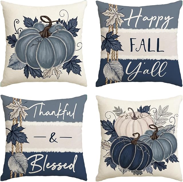 AVOIN colorlife Happy Fall Y'all Blue Pumpkin Stripes Pillow Covers, 18 x 18 Inch Thankful Blessed Seasonal Thanksgiving Harvest Cushion Case Decoration for Sofa Couch Set of 4