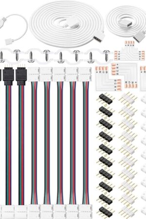5050 4 Pin RGB 10mm LED Strip Connector Kit RGB Extension Cable, LED Strip Jumper, 2 Way RGB Splitter Cable, L Connectors, T Connector, Gapless Connectors, 4 Pin Male Connector, LED Strip Clips
