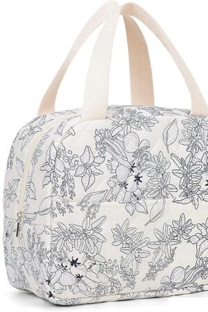 Cute Lunch Box for Women Small Floral Lunch Box Quilted Lunch Tote Bag With Front Pocket Insulated Lunch Bag for Work Study