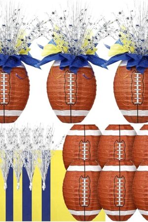 26 Pieces Football Paper Lantern Centerpieces Decorations Football Table Centerpieces with Metallic Foil Spray Center Wrapping Paper and Ribbons for Sport Birthday Party Favors